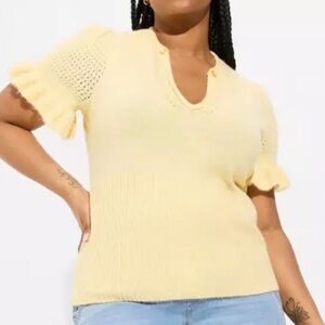 TORRID Lemon Yellow Vegan Cashmere v Neck Ruffle Elbow Sweater Top size 1